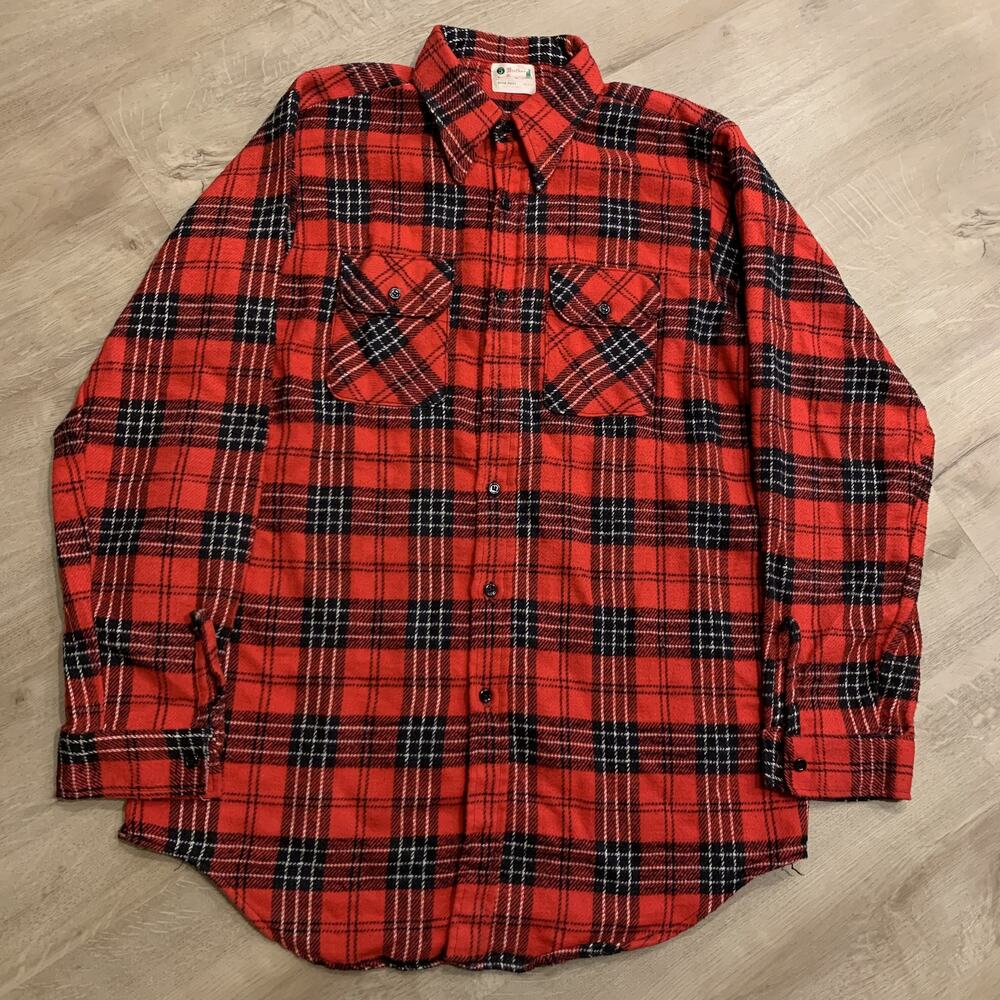 Vintage 60s 70s 5 Five Brother Plaid Flannel Button Up Shirt Men's XL Red USA
